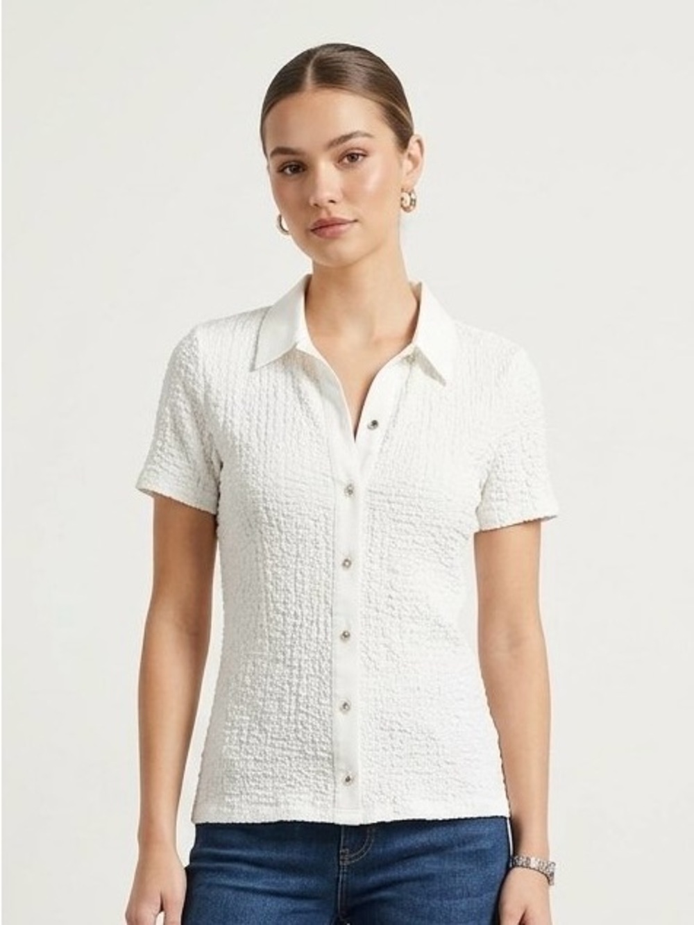NWT Philosophy White Textured Seersucker Smocked Short Sleeve Button Up Shirt XS